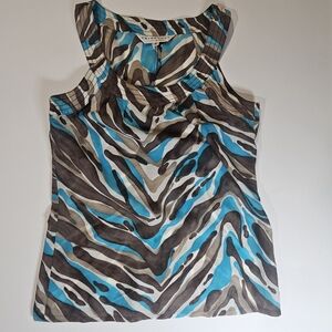 Trina Turk Silk Blend Top Womens 2 Teal Brown Made In The USA Art To Wear Blouse